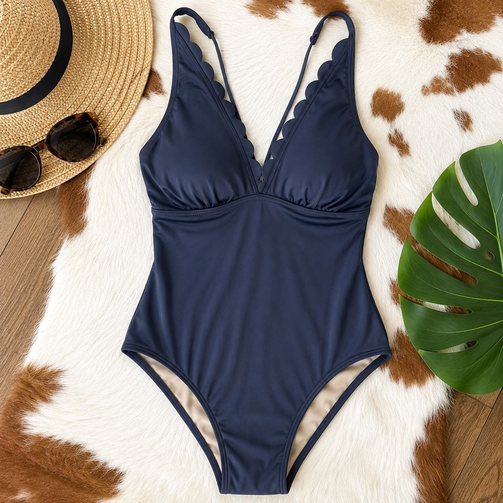 Scalloped One Piece Swimsuit Cutout Back Womens Slate Blue